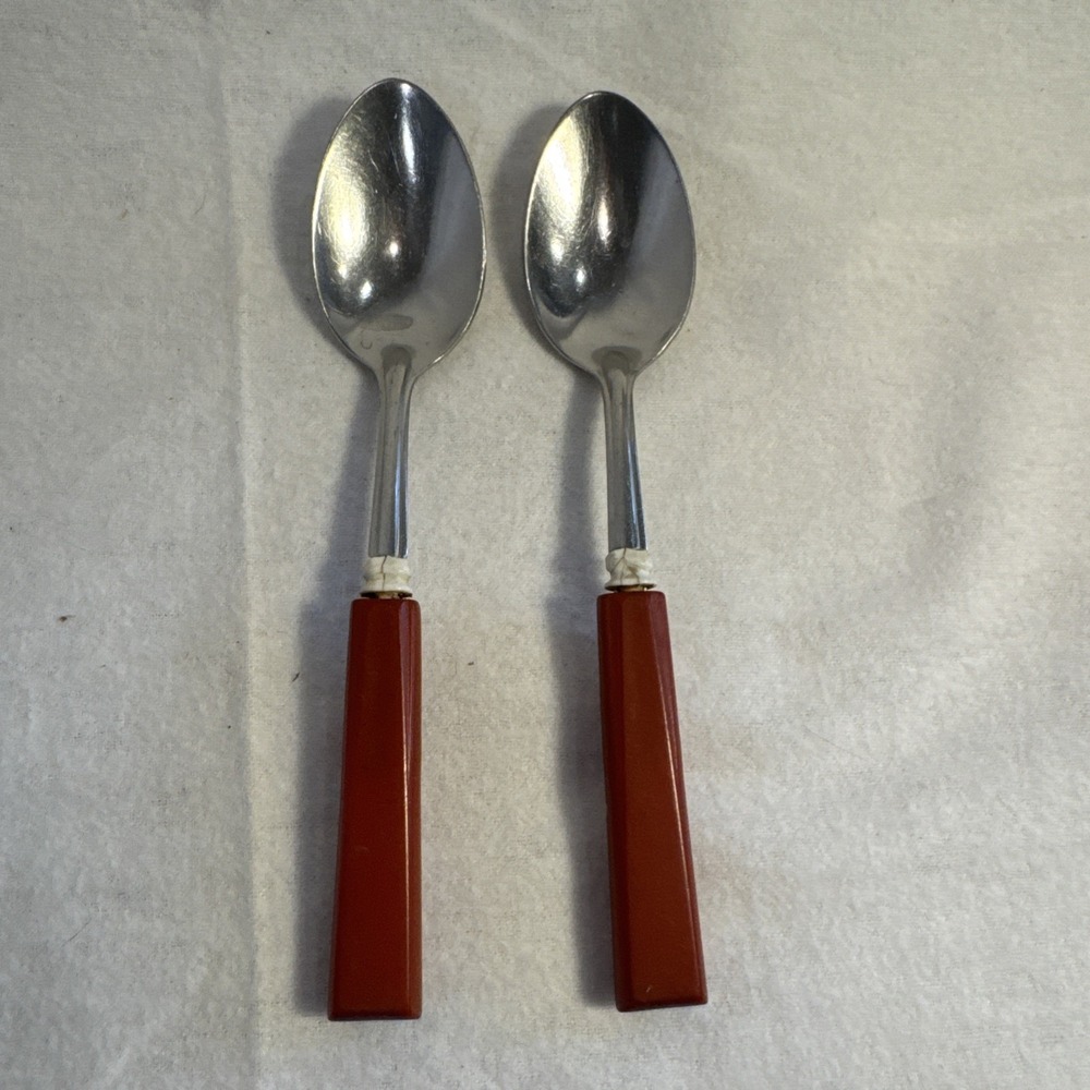 2 VTG Mid Century‎ Table Spoon SR STANLEY ROBERT Stainless Japan Red Bakelite